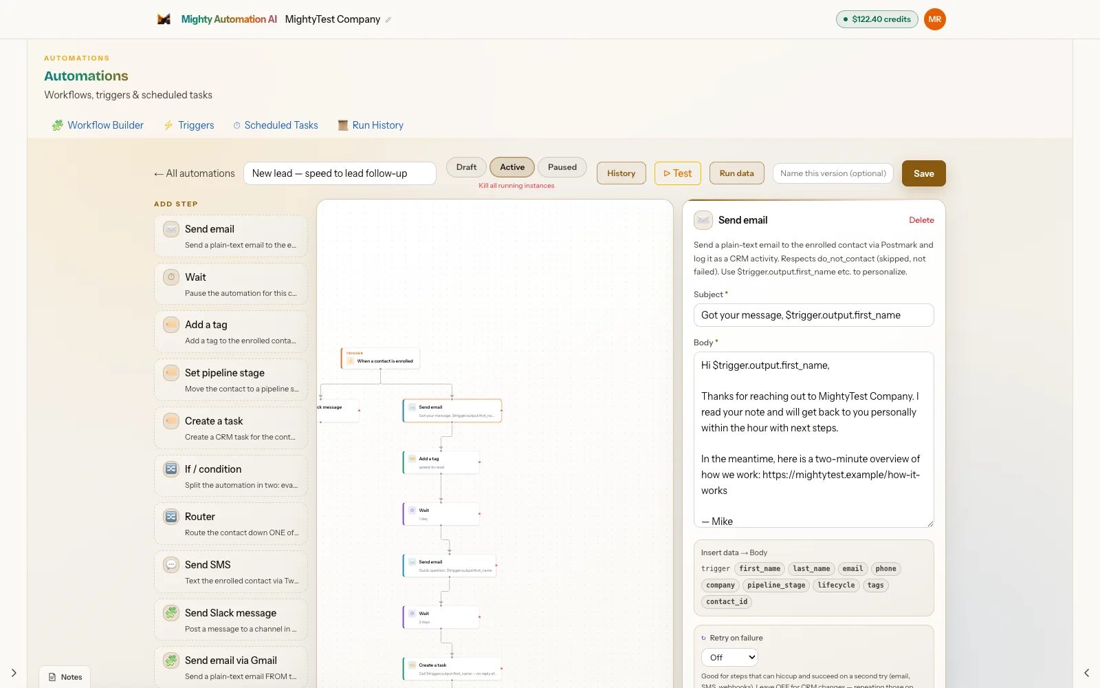 Workflow builder canvas showing a “New lead — speed to lead” automation with email, SMS and CRM steps