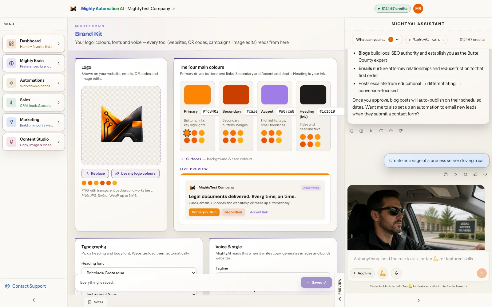 Brand Kit page with logo, colour palette, fonts and brand voice