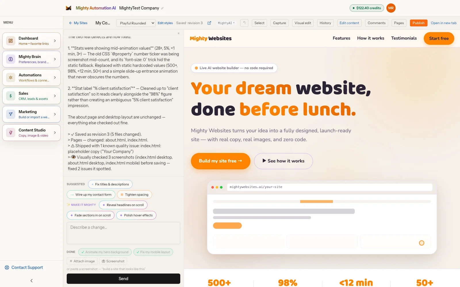 Website Builder with the chat on the left and a live preview of a site headlined “Your dream website, done before lunch” on the right
