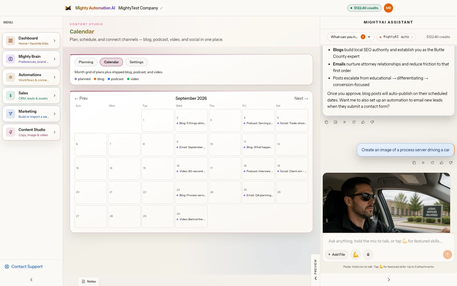 Content Studio calendar filled with scheduled blog, podcast, video and email items