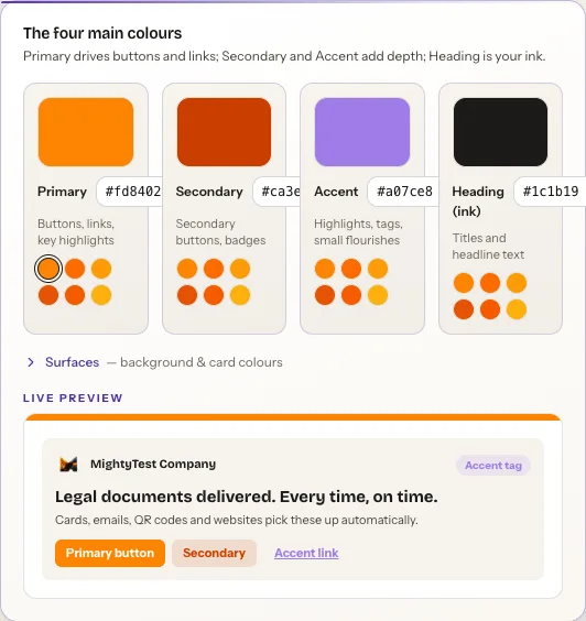 Brand Kit colour card showing the four brand colours