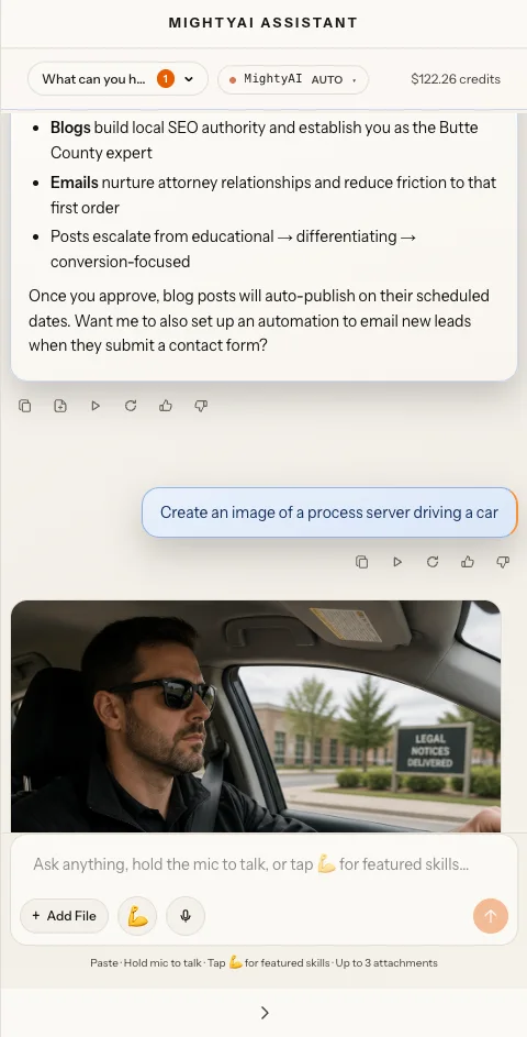MightyAI assistant rail showing a generated image with “Save to Media Assets” and “Make edits to this image using AI” actions