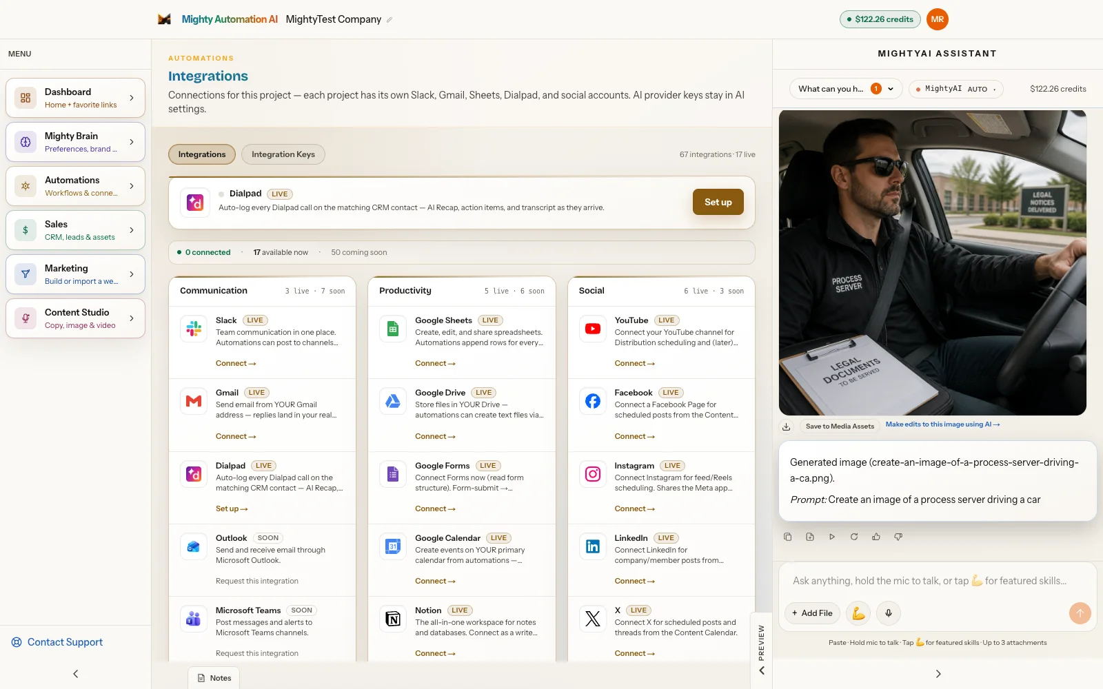 Integrations page listing every connection with real logos — Slack, Gmail, Google Sheets, HubSpot and more