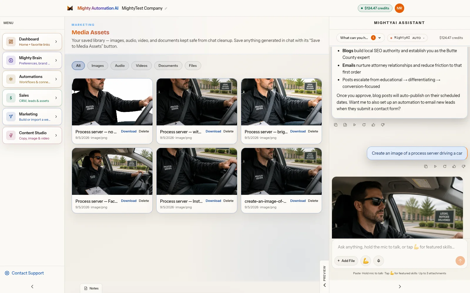 Media Assets library showing a generated image alongside its AI-edited variants