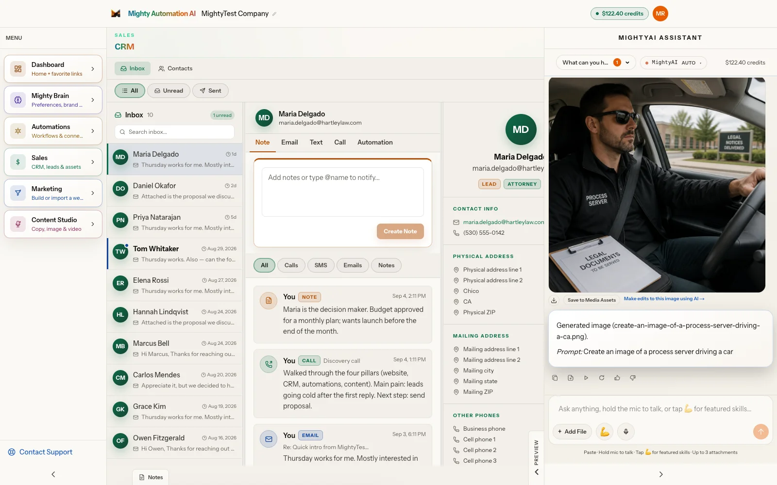 Mighty CRM inbox with the contact Maria Delgado open and an email thread on the right